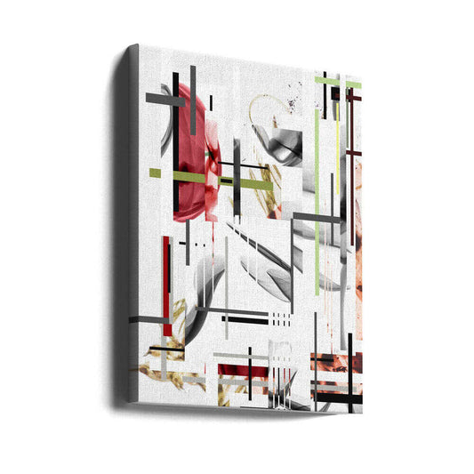 Iron by Pelin Atilla, gallery-wrapped canvas viewed at an angle; red and grayscale botanical fragments intersected by black, gray and pale green bars.