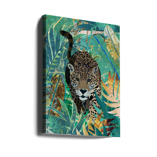 Jaguar Jungle 2 by Sarah Manovski, gallery-wrapped canvas viewed at an angle; spotted jaguar moving through teal and gold-toned foliage.