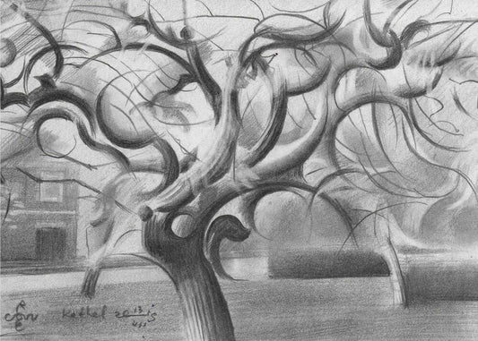 Kethel - 13-07-19 by Corné Akkers, front view of the artwork; a twisting leafless tree with curling branches in a shaded grayscale landscape.