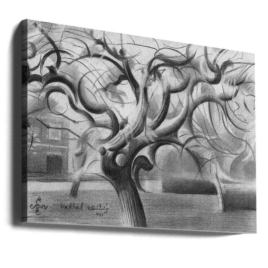Kethel - 13-07-19 by Corné Akkers, gallery-wrapped canvas viewed at an angle; a twisting leafless tree with curling branches in a shaded grayscale landscape.