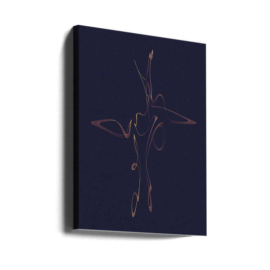 Klein 2944 by AV11, gallery-wrapped canvas viewed at an angle; slender copper-colored loops and elongated lines on a dark blue-purple background.