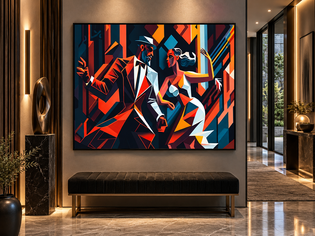 Last Dance | Canvas Print | Cubist Tango Figurative Wall Art — black-framed canvas above a console