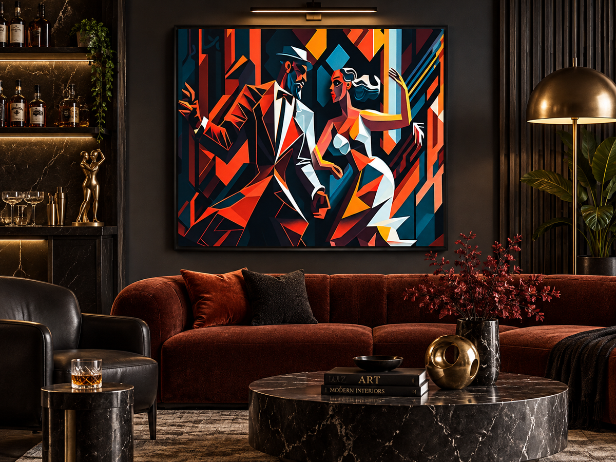 Last Dance | Canvas Print | Cubist Tango Figurative Wall Art — black-framed canvas above a red sofa