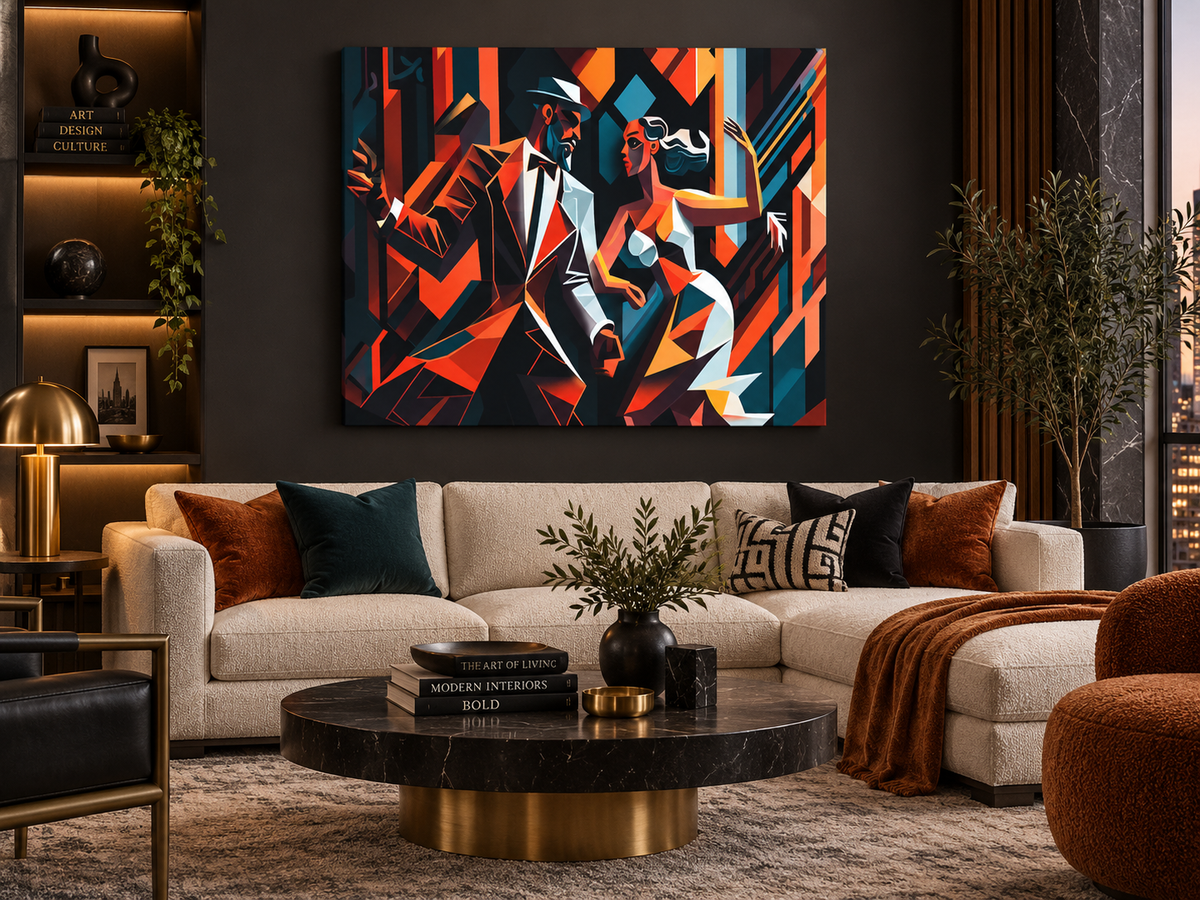 Last Dance | Canvas Print | Cubist Tango Figurative Wall Art — black-framed canvas in a living room