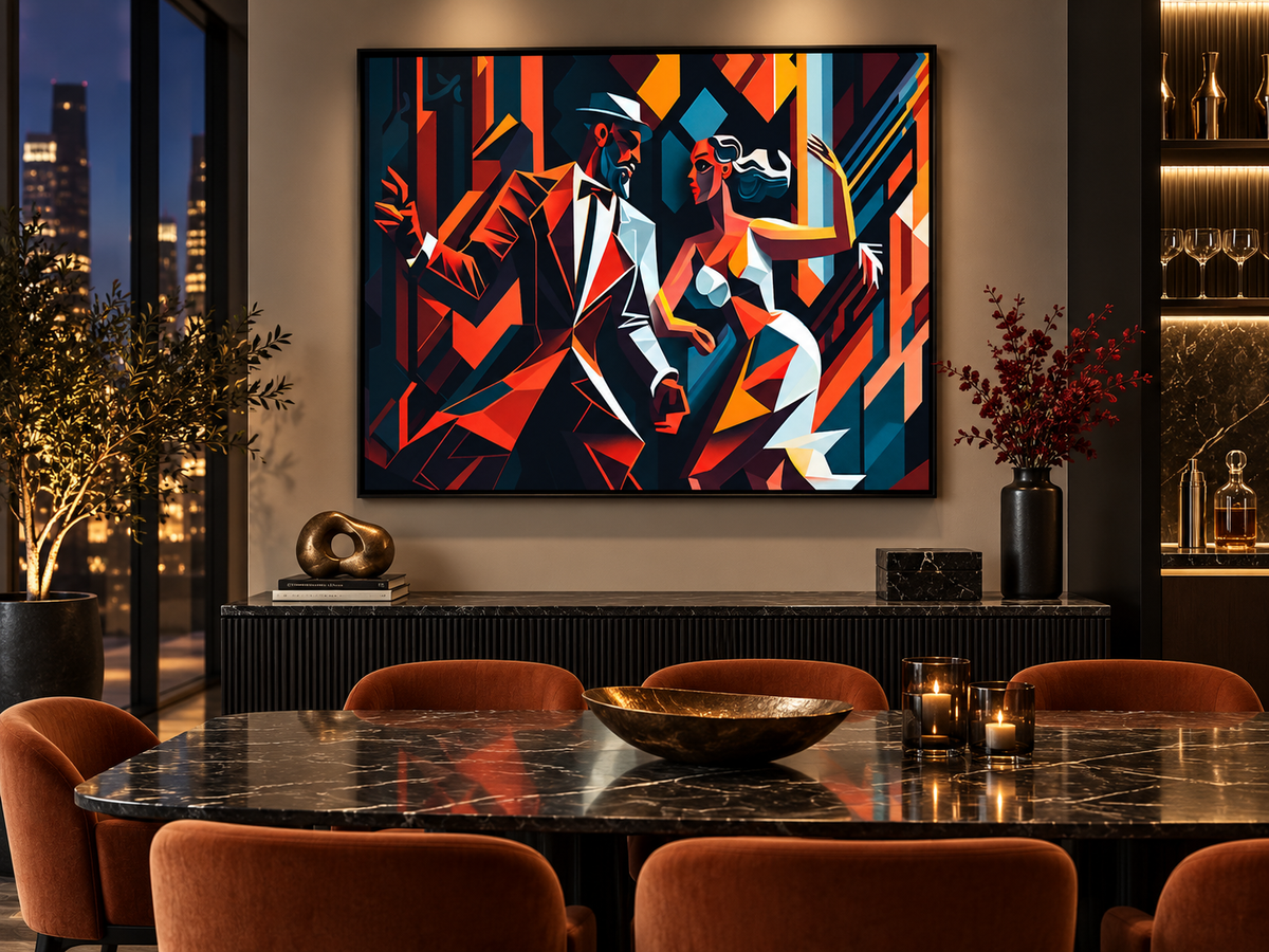 Last Dance | Canvas Print | Cubist Tango Figurative Wall Art — black-framed canvas in a lounge