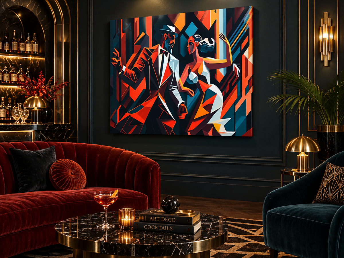 Last Dance | Canvas Print | Cubist Tango Figurative Wall Art — canvas above a red sofa