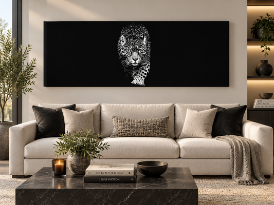 Leopard in Black & White | Panoramic Canvas Print | Wildlife Wall Art — panoramic canvas above a sofa