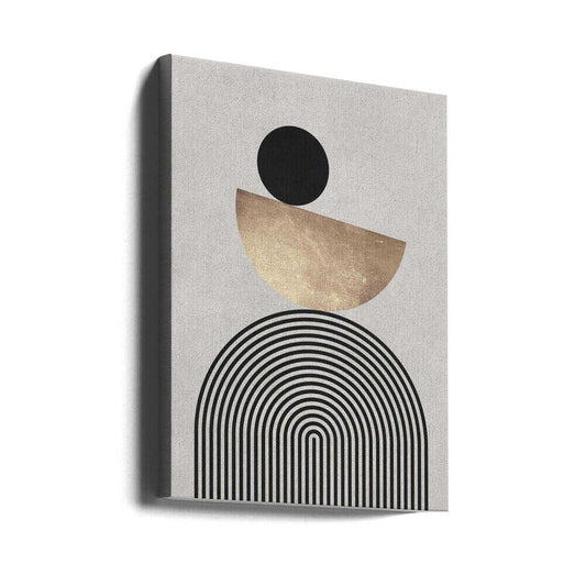 Lines and circles 20 by Vitor Costa, gallery-wrapped canvas viewed at an angle; a black disc above a tilted gold-toned semicircle and nested black arches.