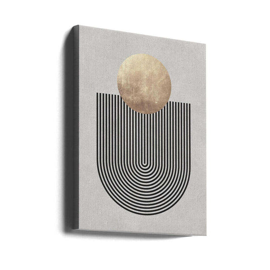 Lines and circles 21 by Vitor Costa, gallery-wrapped canvas viewed at an angle; a mottled gold-toned circle above a deep U-shaped black line pattern.