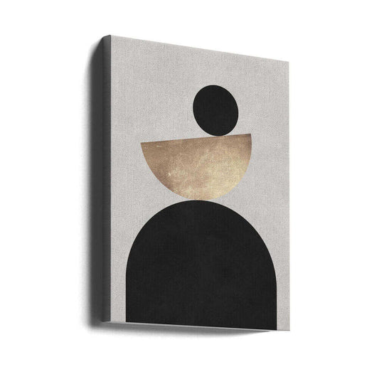 Lines and circles 23 by Vitor Costa, gallery-wrapped canvas viewed at an angle; a black disc and tilted gold-toned semicircle above a broad black arch.