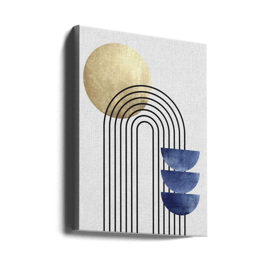 Lines and Circles by Vitor Costa, gallery-wrapped canvas viewed at an angle; nested black arches with a gold-toned circle and three stacked blue semicircles.
