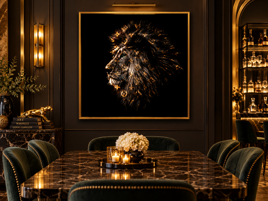 Majestic Lion | Luxury Fashion-Inspired Canvas Wall Art — gold-framed canvas in a dining room
