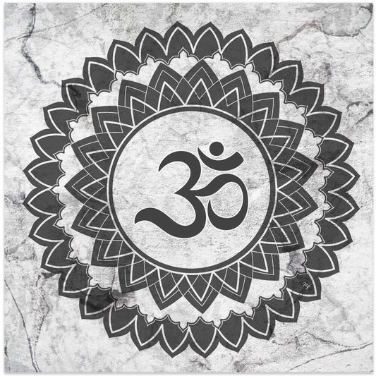 Mandala Meditation by Martina, front view of the artwork; black mandala petals around an Om symbol on pale gray.