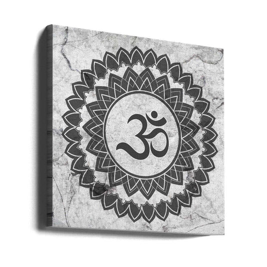 Mandala Meditation by Martina, gallery-wrapped canvas viewed at an angle; black mandala petals around an Om symbol on pale gray.