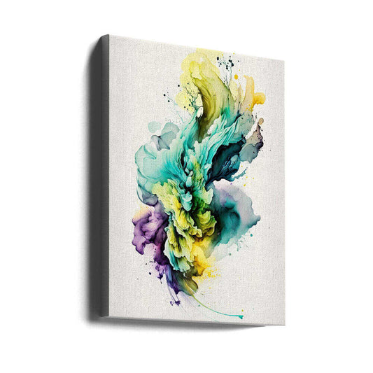 Marvelous Mush by Mauro, gallery-wrapped canvas viewed at an angle; turquoise plumes with yellow and violet flowing forms.