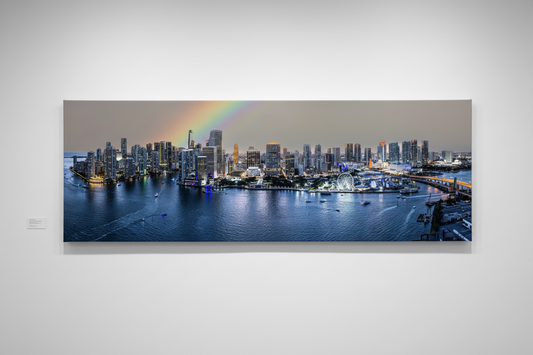 Miami Rainbow Panorama | Canvas Print | Aerial Skyline Photography 90" x 24" — panoramic artwork front view