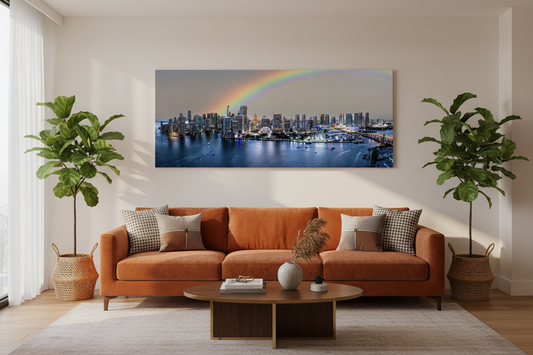 Miami Rainbow Panorama | Canvas Print | Aerial Skyline Photography 90" x 24" — panoramic canvas above a leather sofa