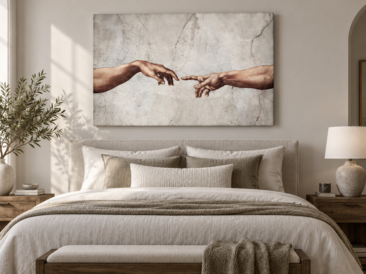 Michelangelo – Creation of Adam | Fine Art Canvas Print — canvas above a bed
