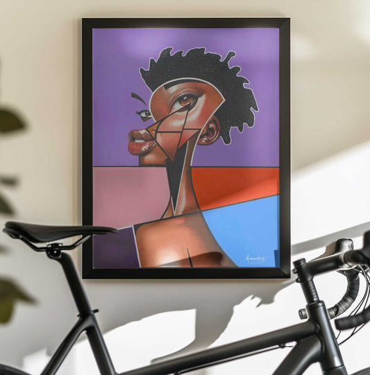 Milkyway by Manasseh Johnson Sr., black-framed artwork above a bicycle; stylized portrait with angular facial lines on purple.