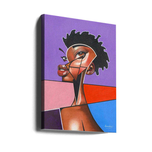 Milkyway by Manasseh Johnson Sr., gallery-wrapped canvas viewed at an angle; stylized portrait with angular facial lines on purple.