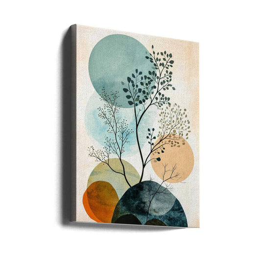 Minimal Calms 6 by Justyna Jaszke, gallery-wrapped canvas viewed at an angle; fine branching foliage layered over pale teal, peach and dark green circles.