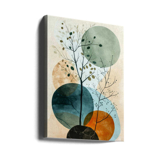Minimal Calms 8 by Justyna Jaszke, gallery-wrapped canvas viewed at an angle; delicate leafy branches over sage, teal and ochre circular shapes.