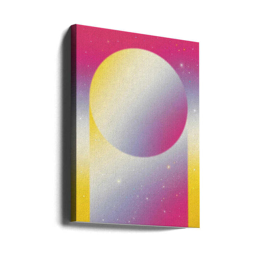 Minimal Pastel Cosmos by Amy Louise Baker, gallery-wrapped canvas viewed at an angle; pastel sphere floating in a pink and yellow starry arch.