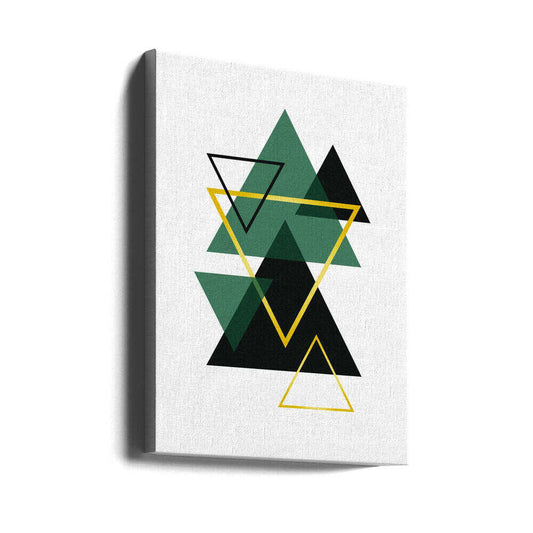Minimal Triangle Collection #2 by jay stanley, gallery-wrapped canvas viewed at an angle; overlapping green and black triangles with yellow outlines.