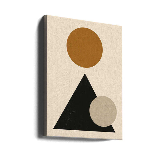 Minimalist geometric composition 03 by Little Dean, gallery-wrapped canvas viewed at an angle; an ochre circle above a black triangle overlapped by a pale circle.