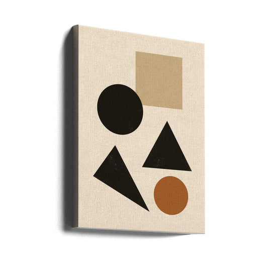 Minimalist geometric composition 07 by Little Dean, gallery-wrapped canvas viewed at an angle; black triangles and a black circle with a tan square and brown circle on cream.