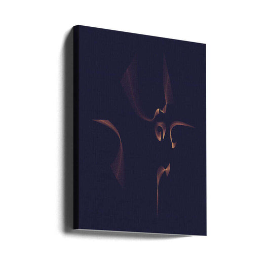 Mixed 2433 by AV11, gallery-wrapped canvas viewed at an angle; scattered copper-toned curved ribbons against a deep blue-purple field.