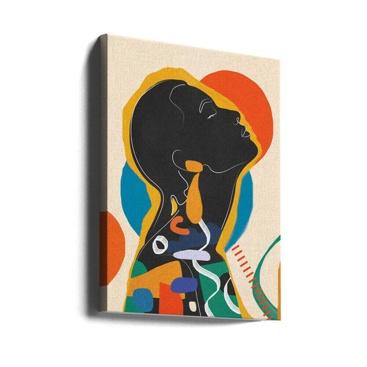 Modern Abstract Woman1 by City Art, gallery-wrapped canvas viewed at an angle; an upward-facing dark profile surrounded by orange, yellow, teal and flowing abstract shapes.