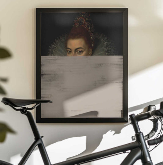 Modern Queen by The Art Concept — black-framed canvas displayed behind a bicycle