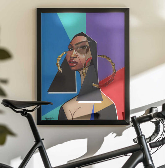 Mona Lena by Manasseh Johnson Sr., black-framed artwork above a bicycle; geometric portrait with gold-toned hoops and vivid background.