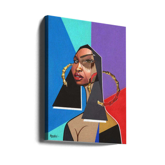 Mona Lena by Manasseh Johnson Sr., gallery-wrapped canvas viewed at an angle; geometric portrait with gold-toned hoops and vivid background.