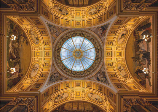 National Museum (Prague) by Karol Važan, front view of the artwork; ornate museum ceiling with a central circular skylight.