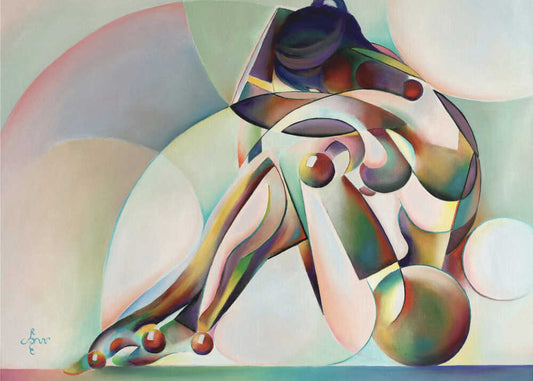Neo Deco - 10-07-25 by Corné Akkers, front view of the artwork; a stylized seated figure formed from colored spheres, curves and angular planes.