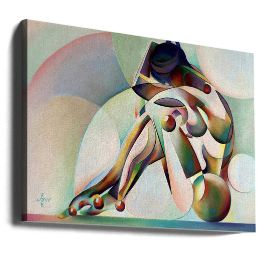 Neo Deco - 10-07-25 by Corné Akkers, gallery-wrapped canvas viewed at an angle; a stylized seated figure formed from colored spheres, curves and angular planes.