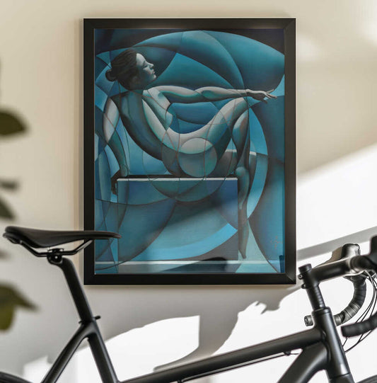 Neo Deco - 10-08-23 by Corné Akkers, black-framed artwork above a bicycle; seated figure divided by sweeping blue geometric curves.