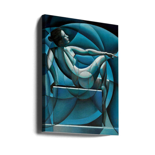 Neo Deco - 10-08-23 by Corné Akkers, gallery-wrapped canvas viewed at an angle; seated figure divided by sweeping blue geometric curves.