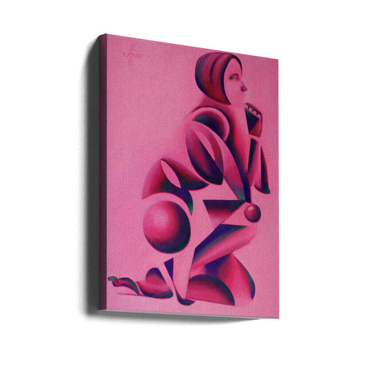 Neo Deco - 15-10-25 by Corné Akkers, gallery-wrapped canvas viewed at an angle; a stylized kneeling figure in profile built from pink and plum geometric forms.
