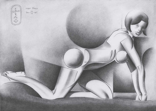 Neo Deco - 24-09-25 by Corné Akkers, front view of the artwork; a reclining stylized figure surrounded by rounded and angular forms in grayscale.