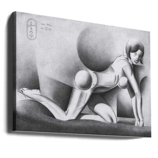 Neo Deco - 24-09-25 by Corné Akkers, gallery-wrapped canvas viewed at an angle; a reclining stylized figure surrounded by rounded and angular forms in grayscale.
