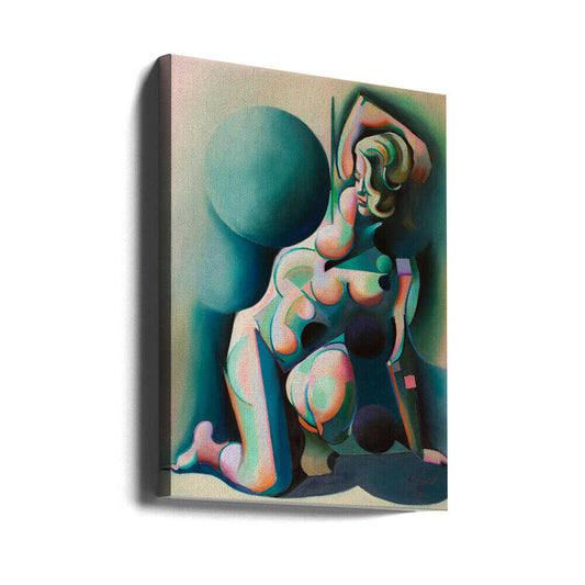 Neo Deco - 27-08-25 by Corné Akkers, gallery-wrapped canvas viewed at an angle; a stylized kneeling figure with teal spheres and warm pink geometric highlights.