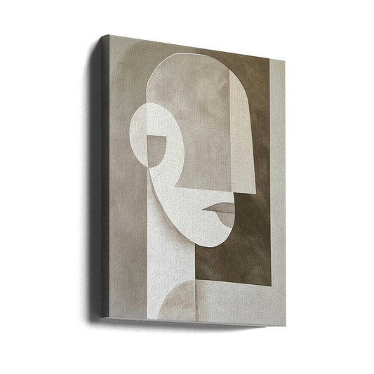 Neutral Portrait by SHANDU, gallery-wrapped canvas viewed at an angle; a simplified face built from pale curved planes and taupe rectangular forms.