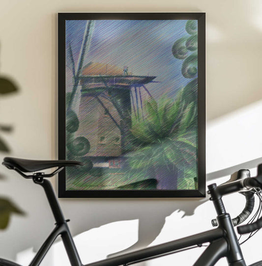 Nieuwe Veenmolen - 23-09-18 by Corné Akkers, black-framed artwork above a bicycle; a windmill among green foliage beneath a blue sky rendered with diagonal colored strokes.