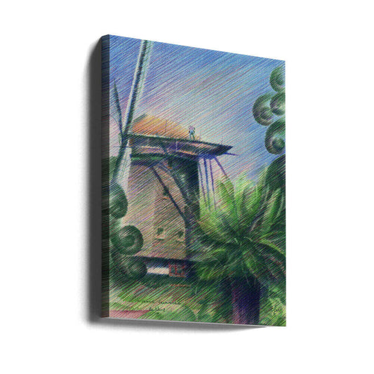 Nieuwe Veenmolen - 23-09-18 by Corné Akkers, gallery-wrapped canvas viewed at an angle; a windmill among green foliage beneath a blue sky rendered with diagonal colored strokes.