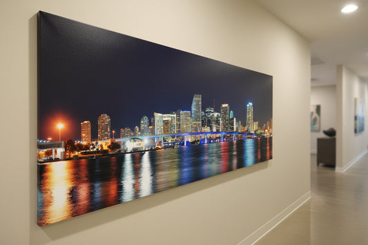 Nighttime in Miami — panoramic cityscape canvas in a hallway
