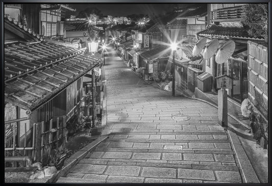 Ninen-zaka in historic Kyoto in the evening - monochrome — black floating frame front view