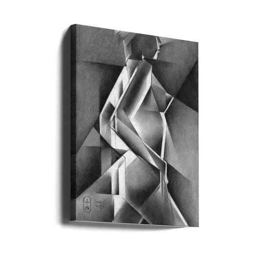 Nude - 01-11-19 by Corné Akkers, gallery-wrapped canvas viewed at an angle; an upright figure divided into sharp light and dark geometric planes.